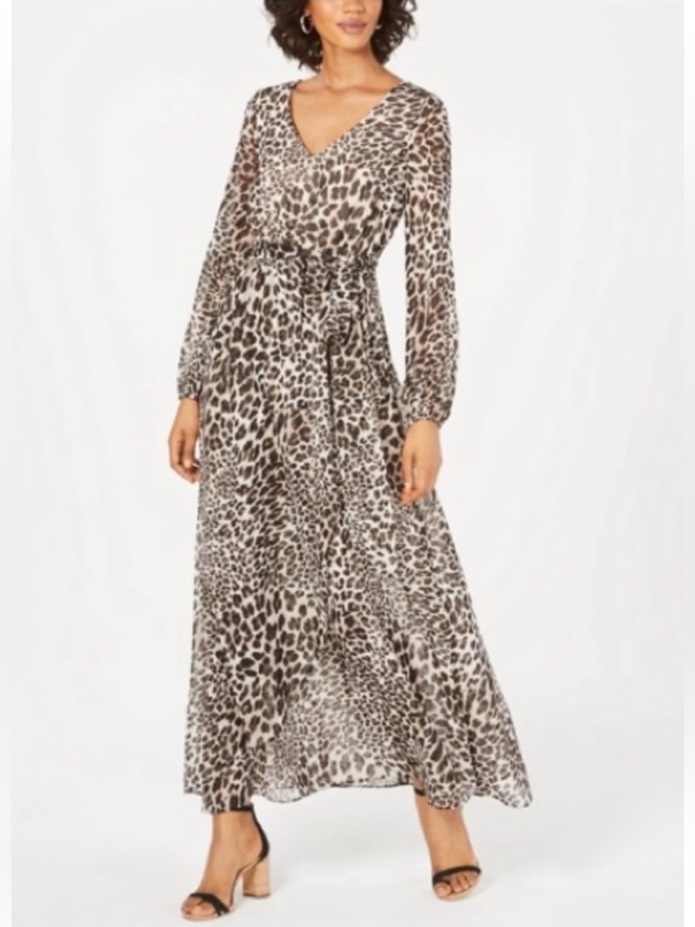 INC Leopard Print Sheer Sleeve Maxi Dress - Black & Cream Size 16